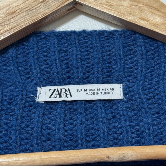 ZARA Wool Blend Sweater Size Medium Blue Tunic Length Knit - Picture 3 of 8